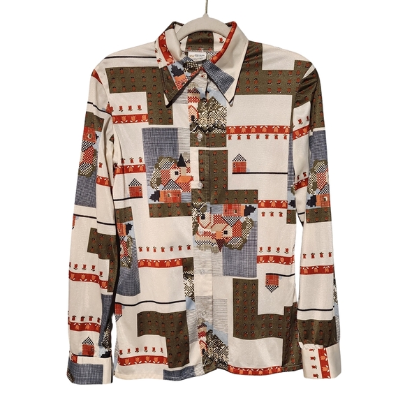 Vintage Button Up Shirt Womens Large Tall Village Scene Folk Cottagecore Retro - Picture 2 of 10